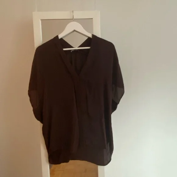 🌼 Vince 100% Silk Blouse brown chocolate short sleeve earthy top tee shirt - Picture 4 of 5